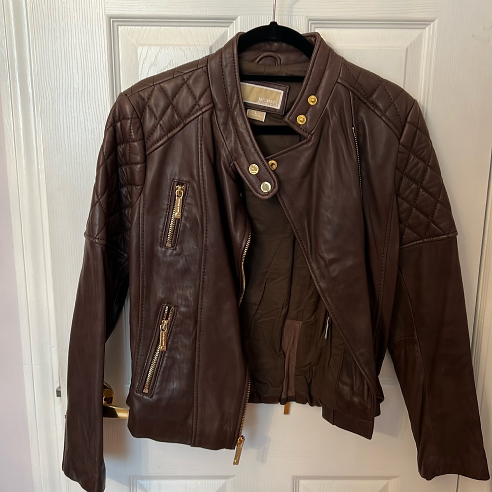 Michael Kors chocolate brown leather jacket, size large